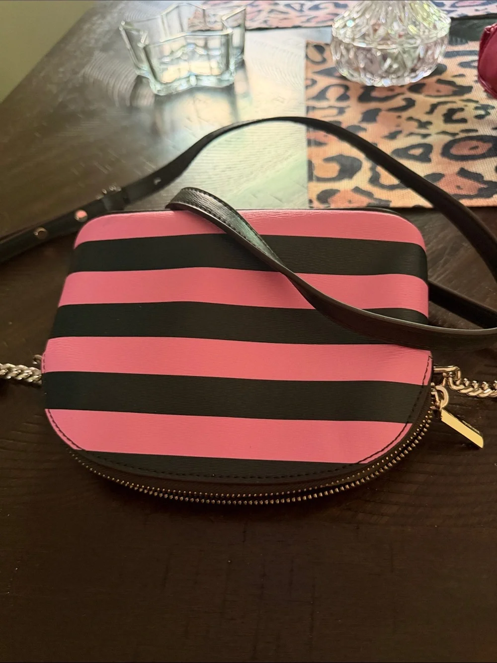kate spade Pink and Black Striped Dome Crossbody with Gold Charm Chain